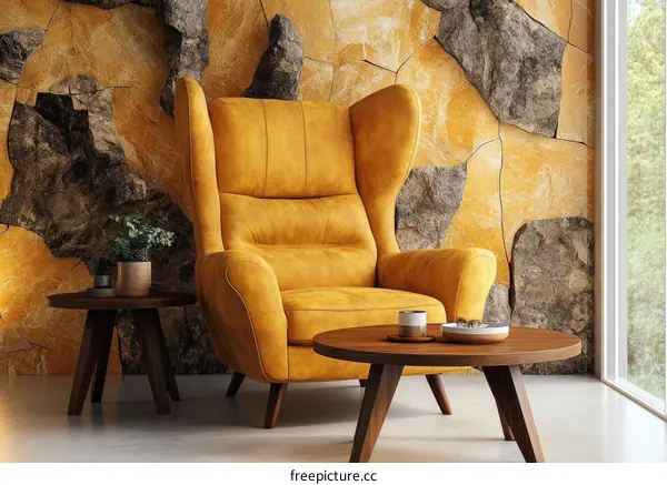 Mustard Yellow Wingback Chair in a Stone Wall Living Room