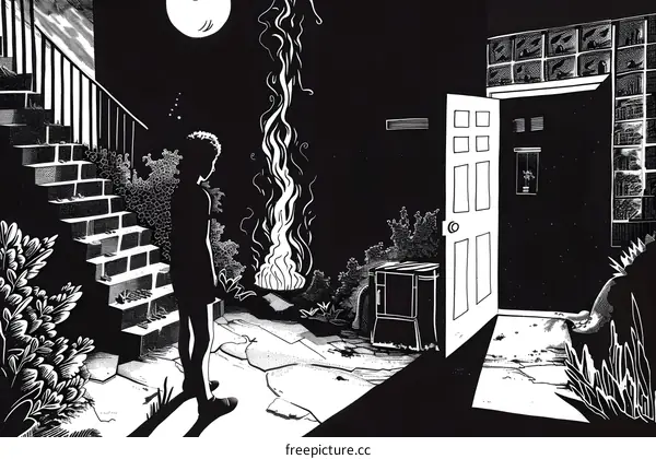 Silhouette of a Person Standing in Front of a Burning Fire and an Open Door