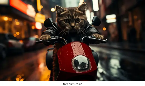A cat rides a motorcycle through a city street.