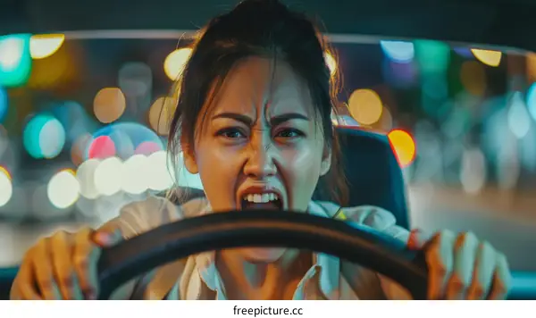 Asian woman driving car at night looking stressed and frustrated