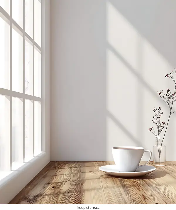 Minimalist Coffee Cup and Plant on Wooden Table with Sunlight