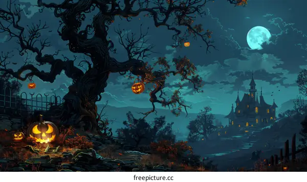 A spooky Halloween night with a haunted house and creepy tree