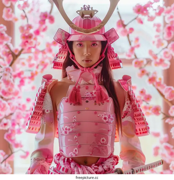 A Young Woman in Pink Samurai Armor