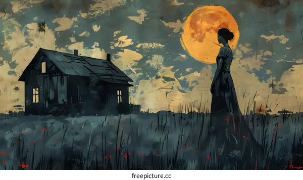 A girl standing in a field of wheat with a large moon in the background