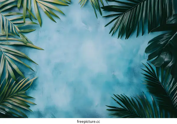 Tropical Leaves Blue Background