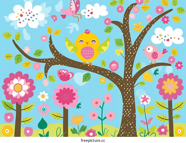 Cute Cartoon Birds and Flowers in Springtime