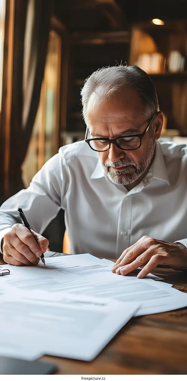 Senior Businessman Signing Documents at His Desk