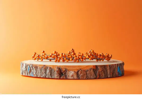 Autumnal Orange Berries Displayed on Wooden Slice