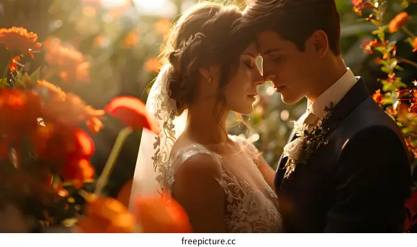 A newlywed couple is kissing in a garden with orange flowers