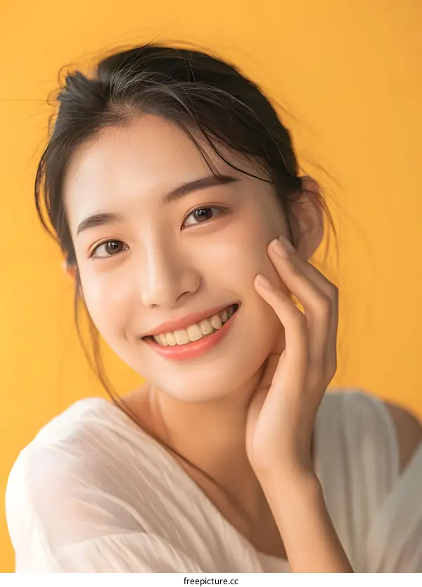 Beautiful Asian Woman Smiling Portrait in Yellow Background