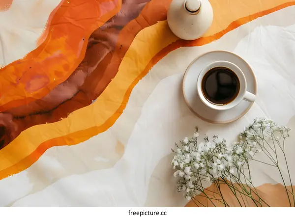 Top View of Coffee Cup and Flowers on Abstract Tablecloth
