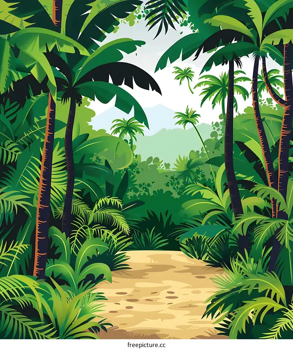 Tropical Jungle Landscape With Lush Greenery And Palm Trees