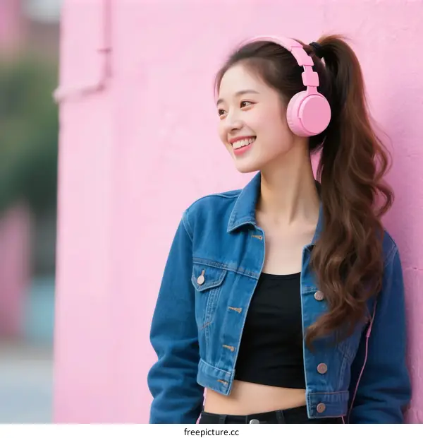 Young woman in denim jacket with pink headphones standing against pink wall
