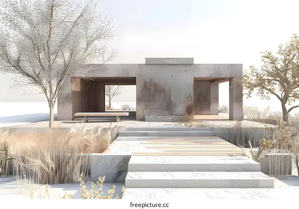 Minimalist Concrete House with Wooden Patio and Steps in Front