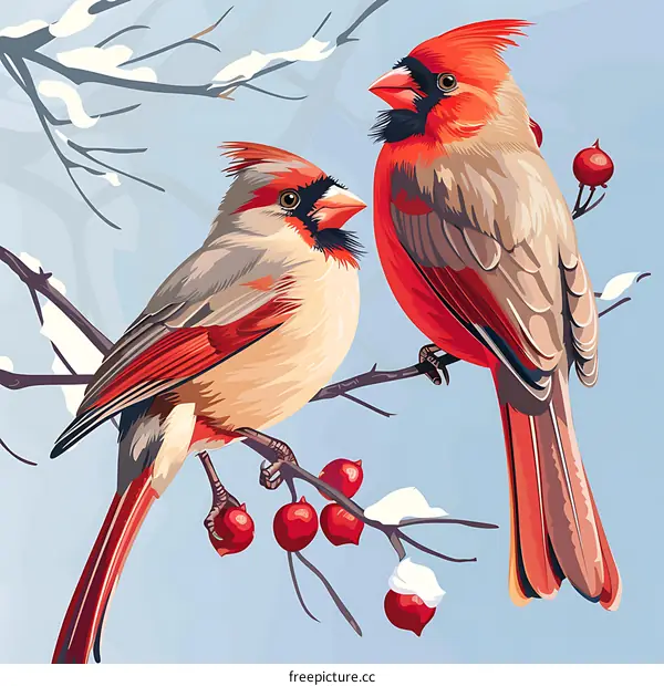 Two Red Cardinals Perched on a Snowy Branch
