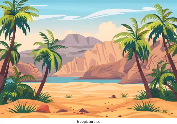 Palm Trees on Sandy Beach With Mountains in the Background