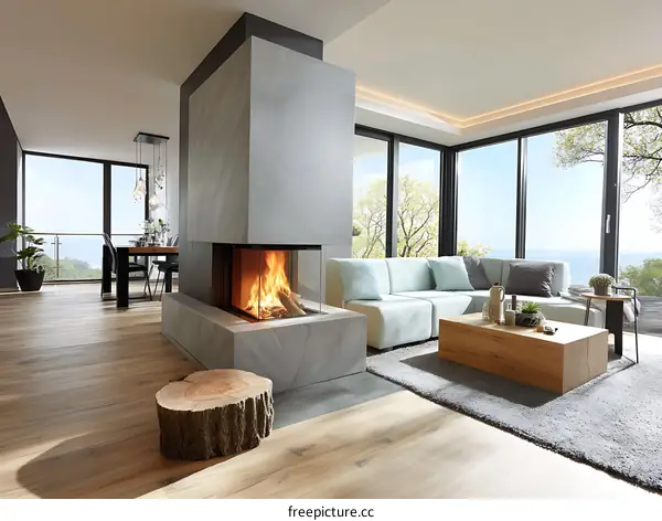 Modern Living Room with Fireplace and Panoramic View