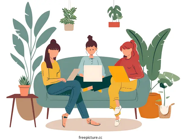 Three Women Working on Laptops in a Cozy Living Room