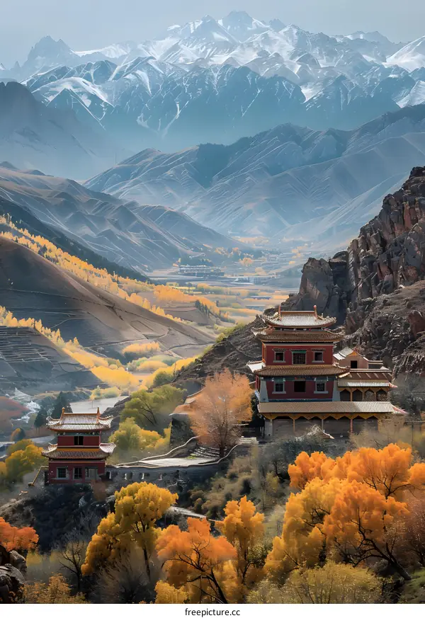 Temple in the Mountains with Autumn Colors