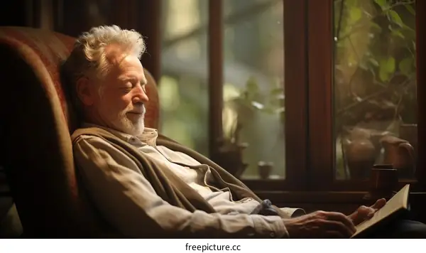 An old man is reading a book by the window