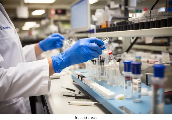 gloved hands holding test tubes in a lab