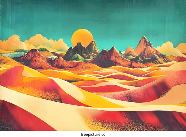 Abstract Landscape with Yellow Sun and Mountains