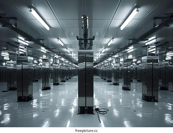 Server Room with Rows of Metal Cabinets