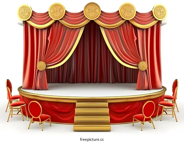 Red Stage Curtain with Golden Decorations and Chairs
