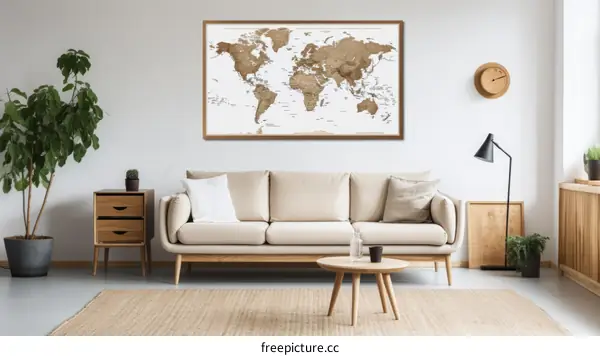 World Map Poster in Wooden Frame for Living Room Decor