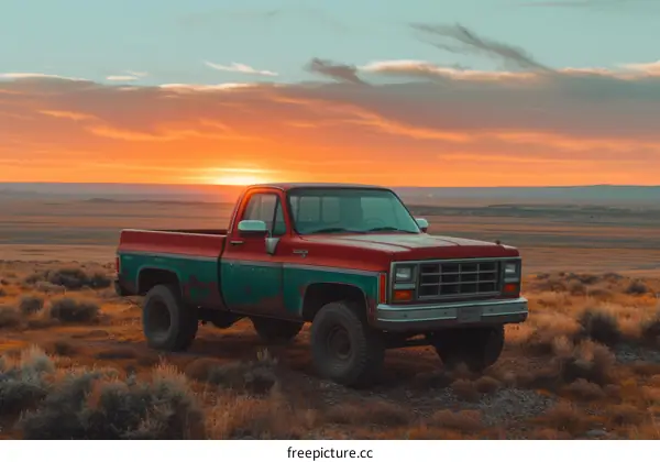 Green pickup truck on sunset mountain overlooking desert scene