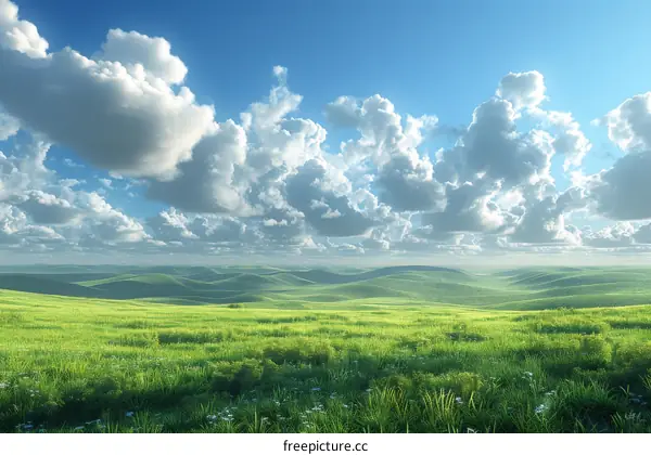 Serene Landscape of Verdant Hills under Azure Skies with Misty Clouds