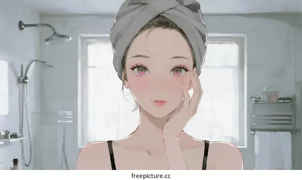 Young woman with towel on head in bathroom