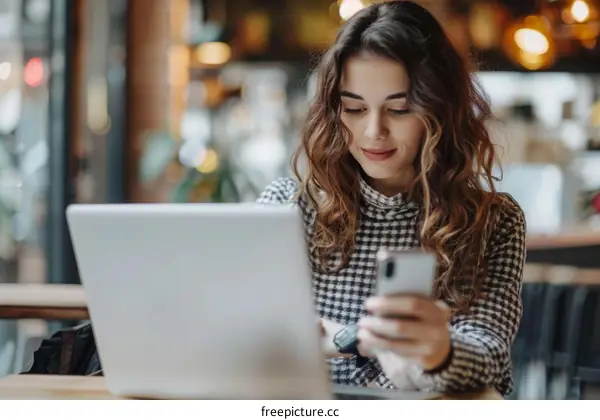 Young woman using laptop and mobile phone in cafe