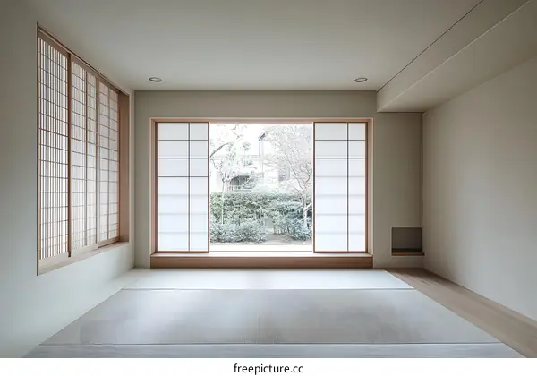 Minimalist Japanese Style Room With Tatami Mat Flooring And Shoji Screens