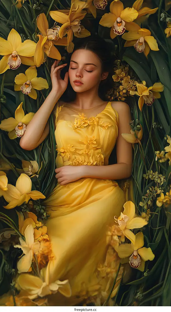A Young Woman in a Yellow Dress Surrounded by Flowers