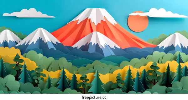 A beautiful landscape with a mountain, trees, and clouds