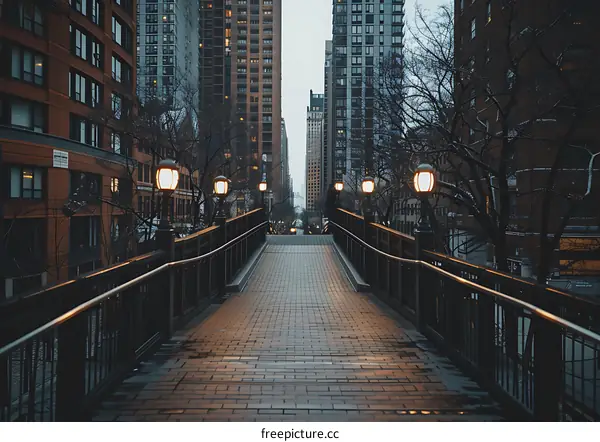 Empty Brick Pathway in Cityscape with Street Lights