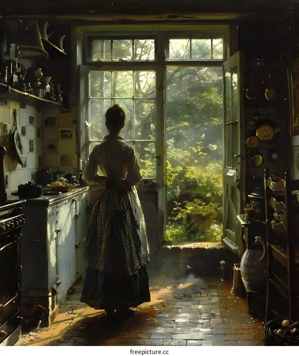 A woman standing in a kitchen looking out at a garden