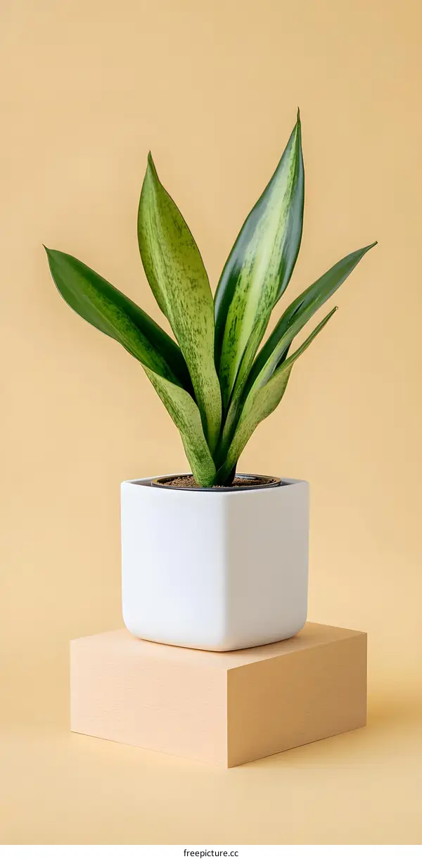 Green Snake Plant in White Pot on Wooden Platform