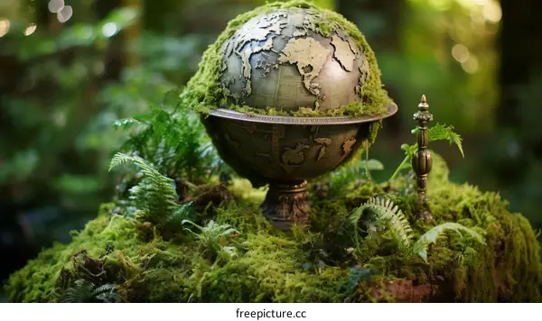A moss-covered globe sits on a bed of moss in a forest