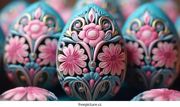 Engraved Easter Egg with Blue and Pink Floral Design