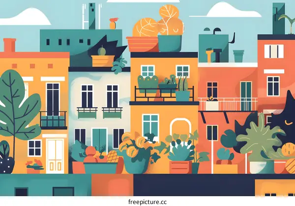 Colorful Buildings With Green Plants Illustration