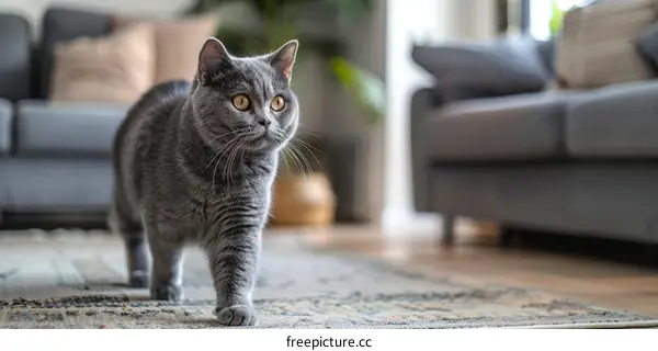 A gray cat is walking on the carpet in the living room