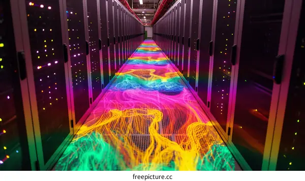 Colorful server room with glowing floor