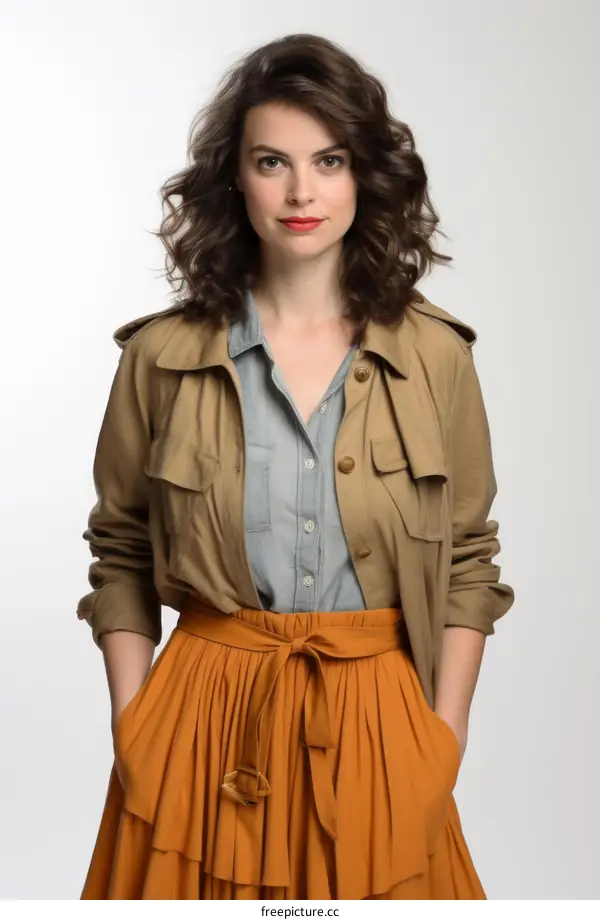 A young woman with long brown hair wearing a tan trench coat and an orange skirt poses with her hands in her pockets.