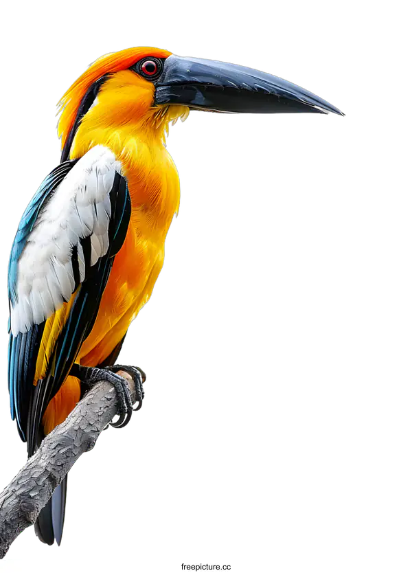 [Transparent Background PNG]Colorful Bird with Long Beak Perched on Branch Isolated on White Background