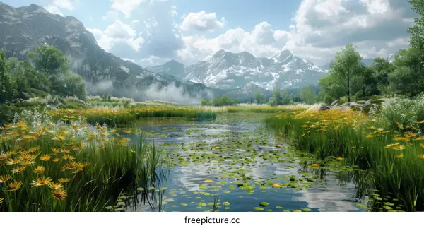 Tranquil Mountain Lake with Blooming Yellow Flowers