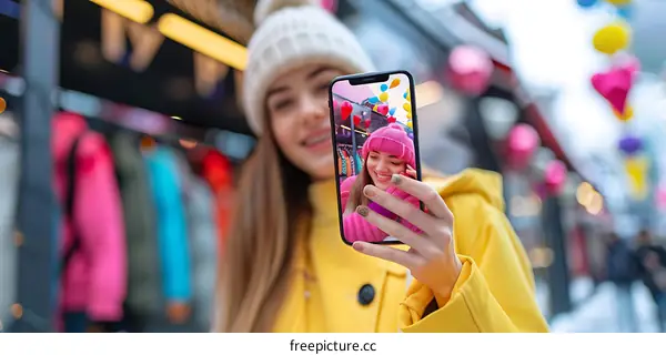 Young Woman Taking Selfie in Yellow Jacket With Blurred City Background