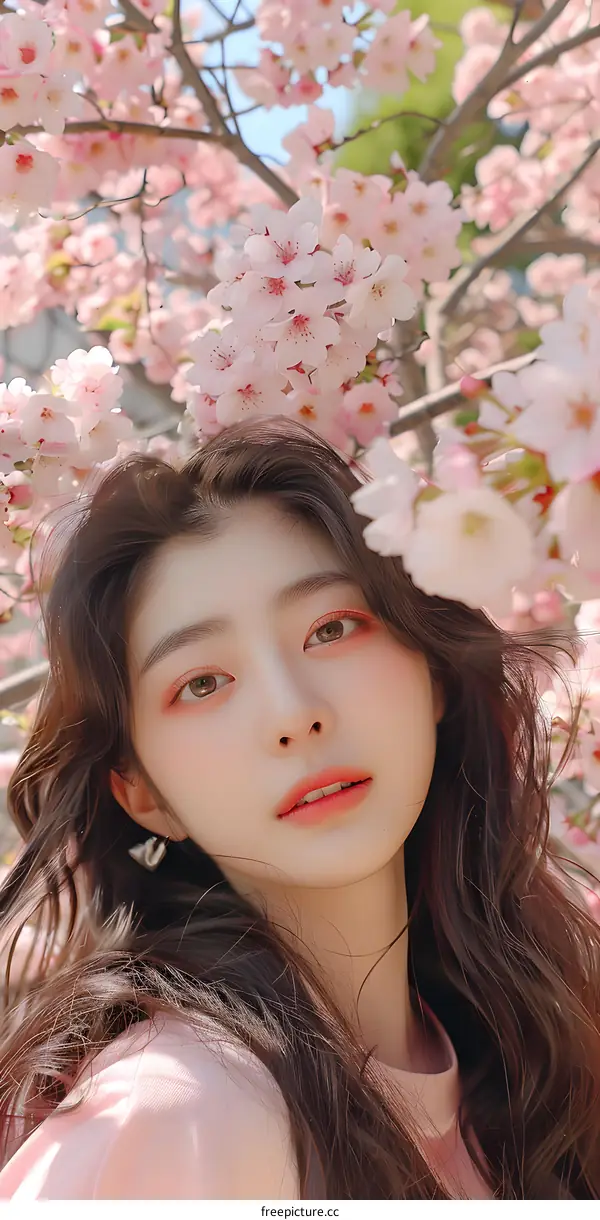 Beautiful Woman Posing with Cherry Blossoms in Spring