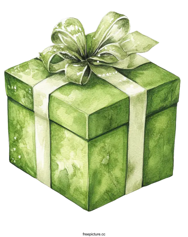 [Transparent Background PNG]Watercolor Gift Box with Green Ribbon